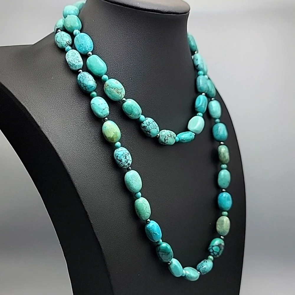 Genuine Turquoise 925 Sterling Silver Hematite Beaded Necklace 11x14mm Beads